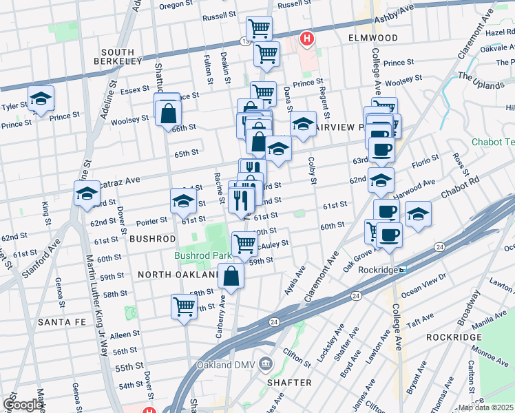 map of restaurants, bars, coffee shops, grocery stores, and more near 493 62nd Street in Oakland