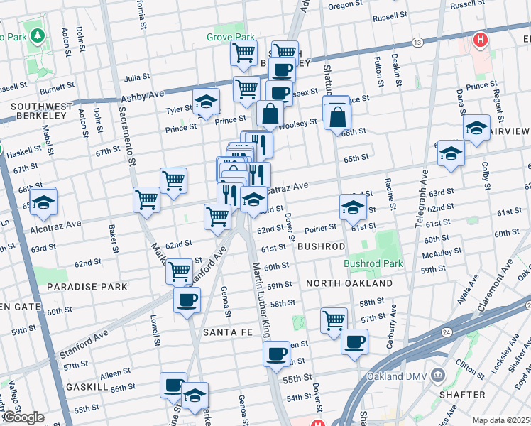 map of restaurants, bars, coffee shops, grocery stores, and more near in Oakland