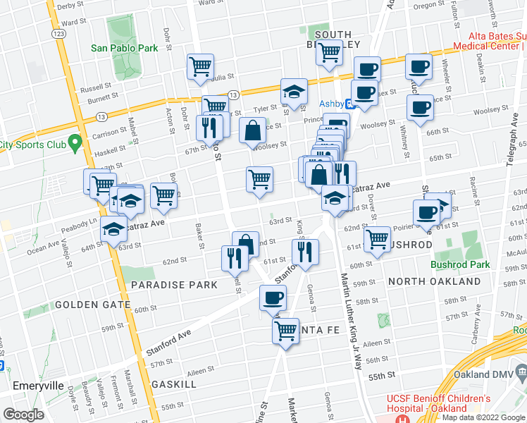map of restaurants, bars, coffee shops, grocery stores, and more near 1600 Alcatraz Avenue in Berkeley