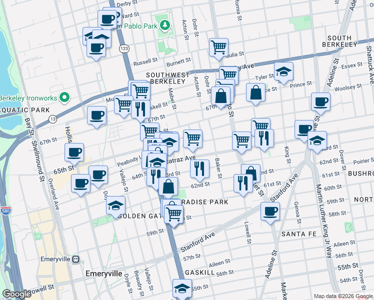 map of restaurants, bars, coffee shops, grocery stores, and more near 3244 Idaho Street in Berkeley
