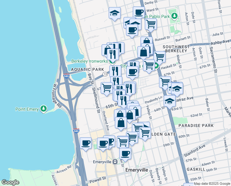 map of restaurants, bars, coffee shops, grocery stores, and more near 6613 Hollis St in Emeryville