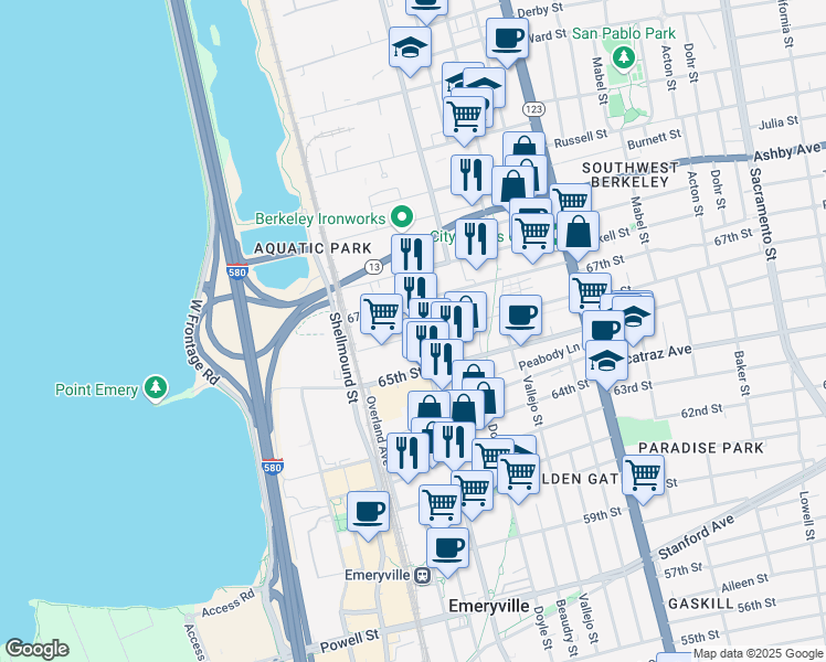 map of restaurants, bars, coffee shops, grocery stores, and more near 6613 Hollis Street in Emeryville
