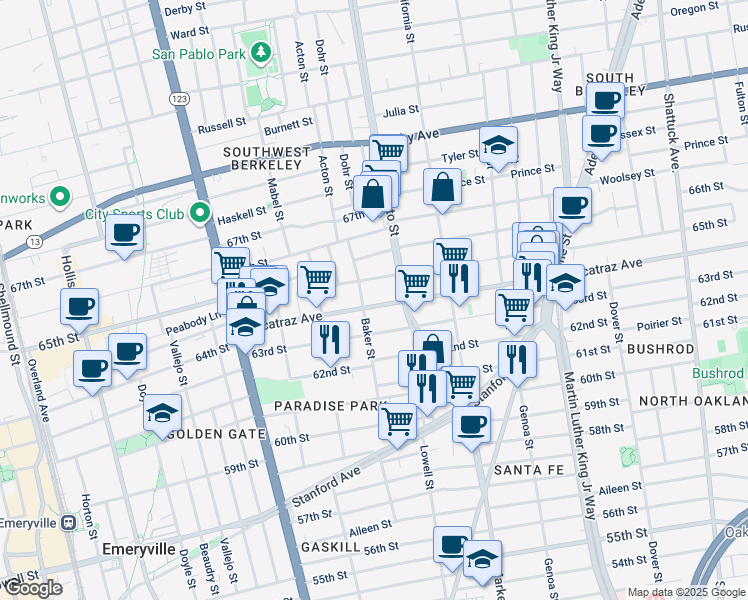 map of restaurants, bars, coffee shops, grocery stores, and more near 1409 Alcatraz Avenue in Berkeley