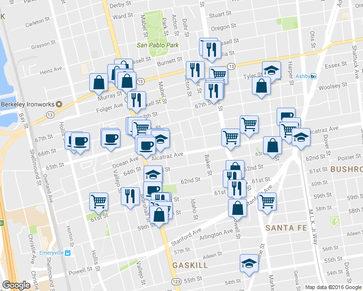map of restaurants, bars, coffee shops, grocery stores, and more near 3244 Idaho St in Berkeley