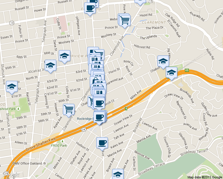 map of restaurants, bars, coffee shops, grocery stores, and more near 6137 Chabot Road in Oakland
