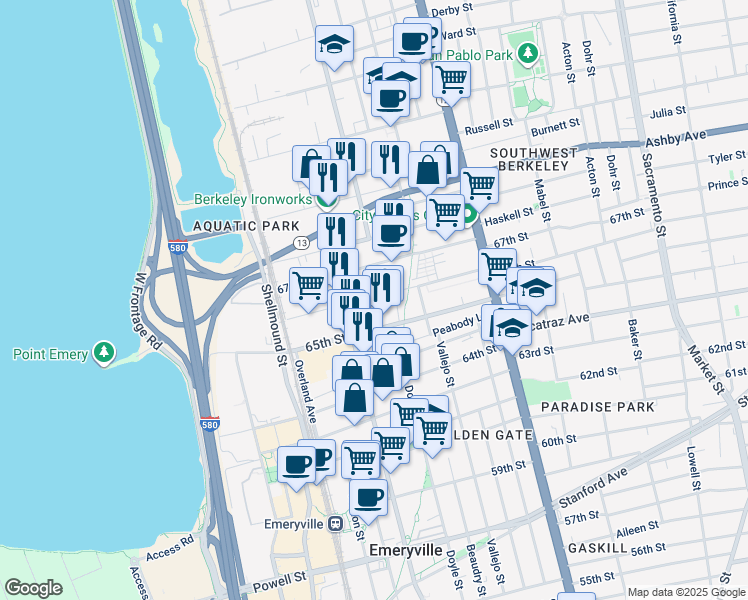 map of restaurants, bars, coffee shops, grocery stores, and more near 1287 66th Street in Emeryville