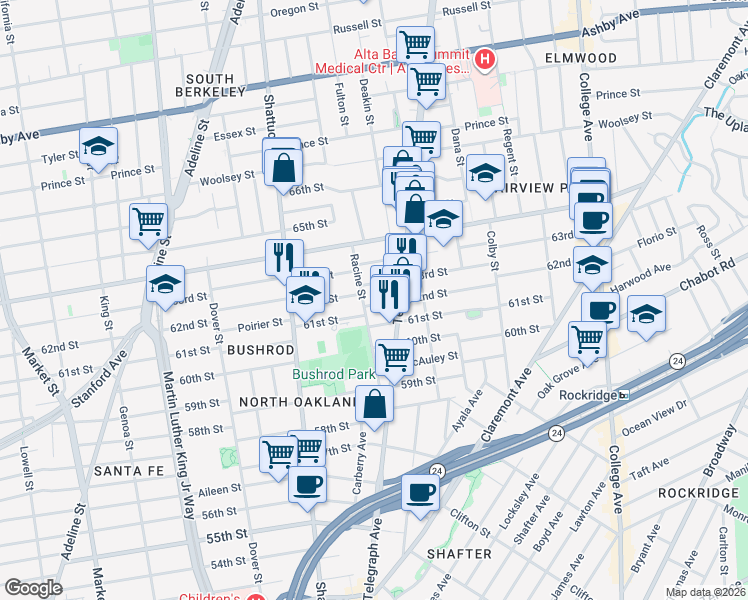 map of restaurants, bars, coffee shops, grocery stores, and more near 526 62nd Street in Oakland