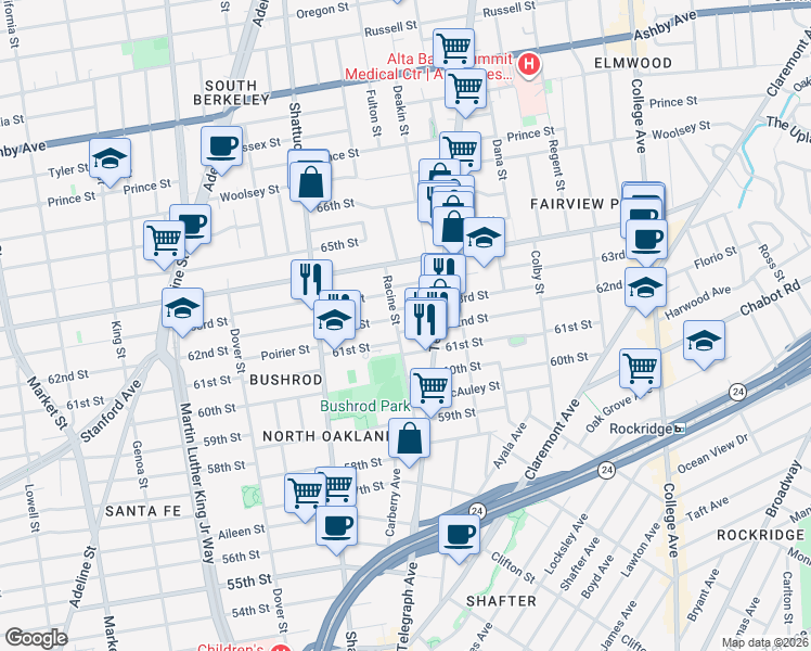 map of restaurants, bars, coffee shops, grocery stores, and more near 526 62nd Street in Oakland