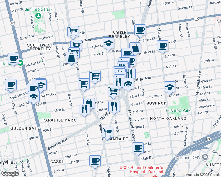 map of restaurants, bars, coffee shops, grocery stores, and more near 1636 Alcatraz Avenue in Berkeley