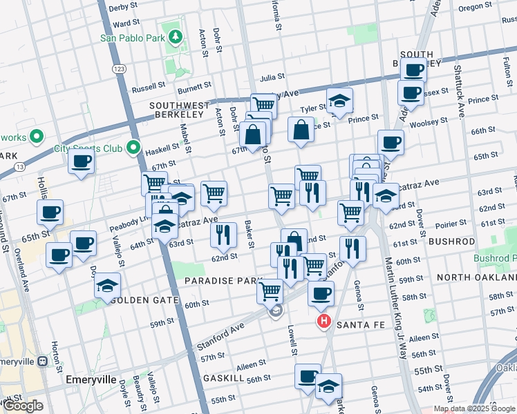 map of restaurants, bars, coffee shops, grocery stores, and more near 1421 Alcatraz Avenue in Berkeley