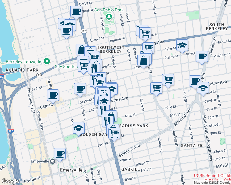 map of restaurants, bars, coffee shops, grocery stores, and more near 6438 Herzog Street in Oakland