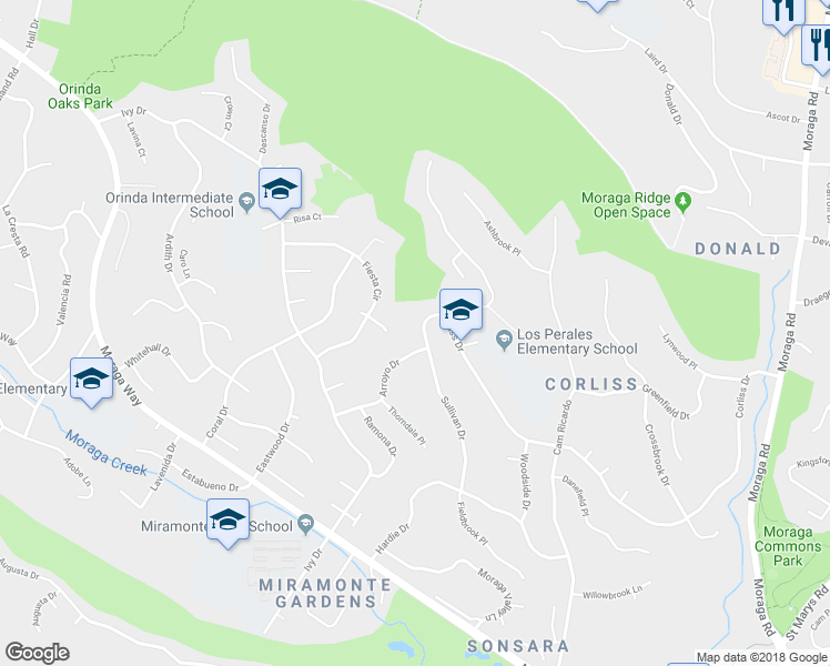 map of restaurants, bars, coffee shops, grocery stores, and more near 24 Sullivan Drive in Moraga