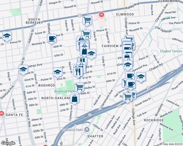 map of restaurants, bars, coffee shops, grocery stores, and more near 447 62nd Street in Oakland