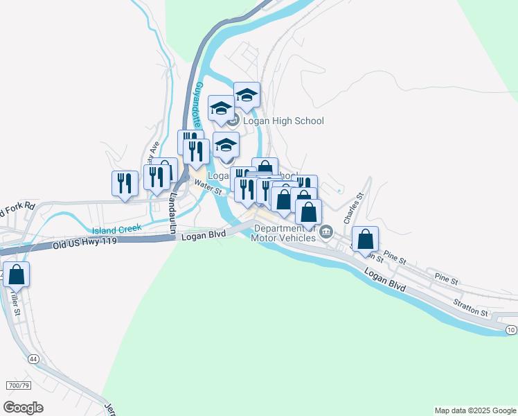 map of restaurants, bars, coffee shops, grocery stores, and more near 130 Stratton Street in Logan