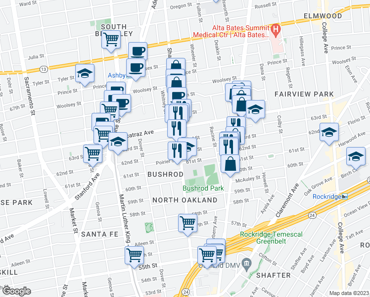 map of restaurants, bars, coffee shops, grocery stores, and more near 592 62nd Street in Oakland