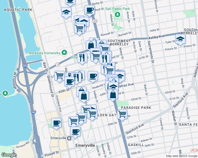 map of restaurants, bars, coffee shops, grocery stores, and more near 1148 65th Street in Oakland