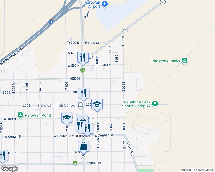 map of restaurants, bars, coffee shops, grocery stores, and more near 317 2nd East Street in Parowan