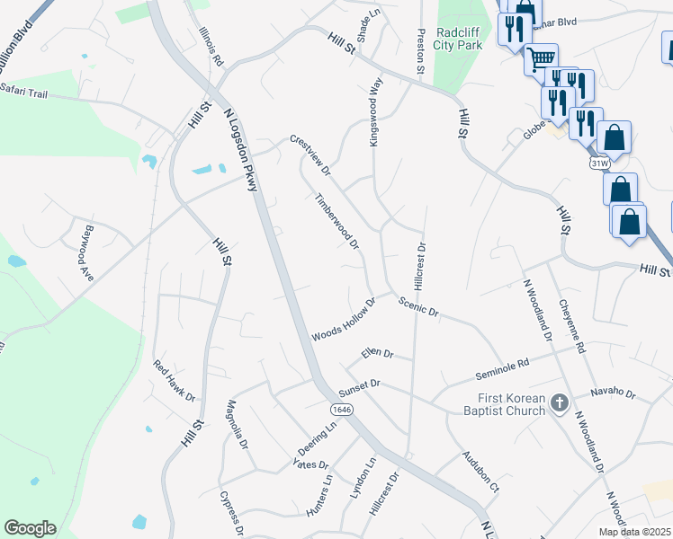 map of restaurants, bars, coffee shops, grocery stores, and more near 1031 Ryan Court in Radcliff