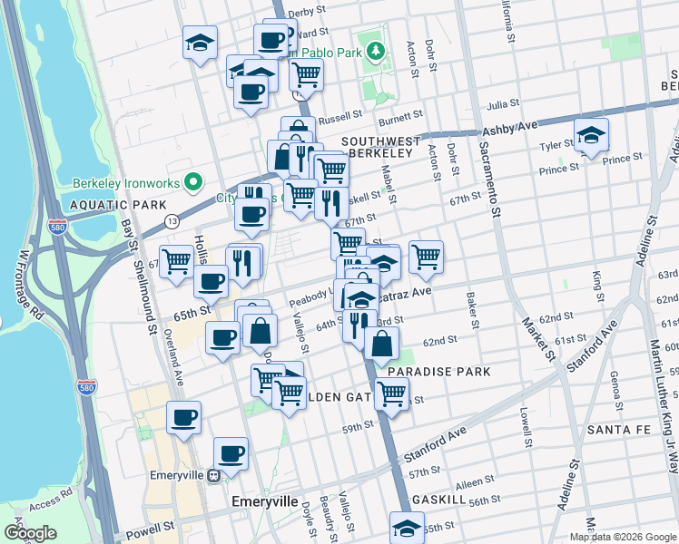 map of restaurants, bars, coffee shops, grocery stores, and more near 6501 San Pablo Avenue in Oakland