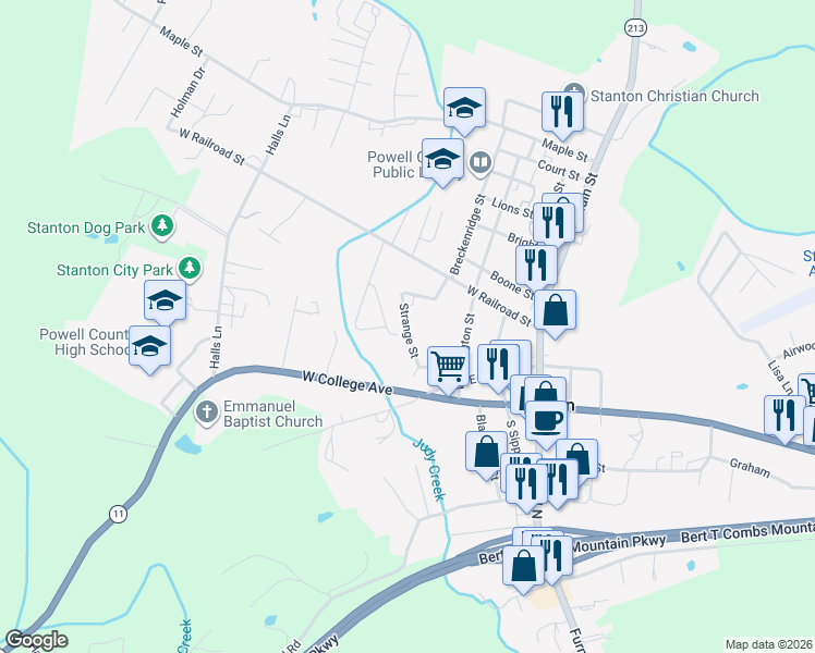 map of restaurants, bars, coffee shops, grocery stores, and more near 170 Strange Street in Stanton
