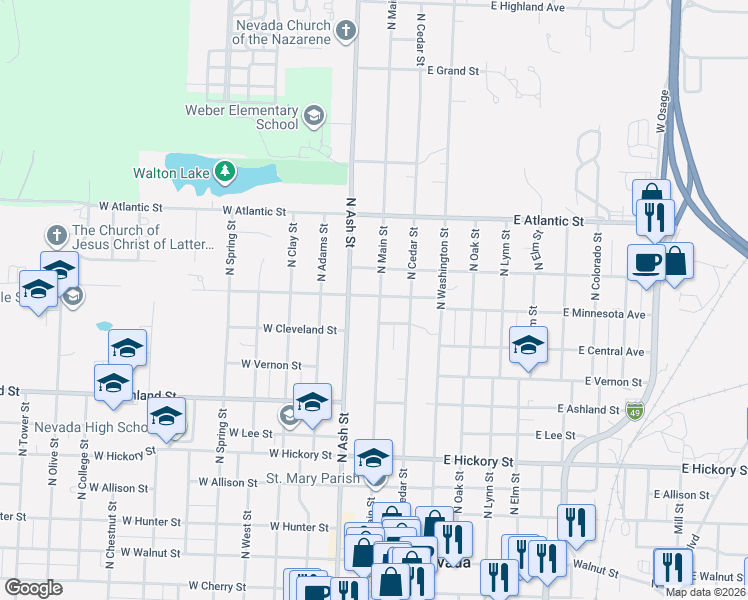 map of restaurants, bars, coffee shops, grocery stores, and more near 219 West Garfield Street in Nevada