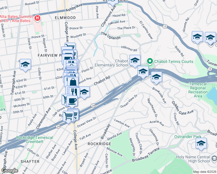 map of restaurants, bars, coffee shops, grocery stores, and more near 5748 Ivanhoe Road in Oakland
