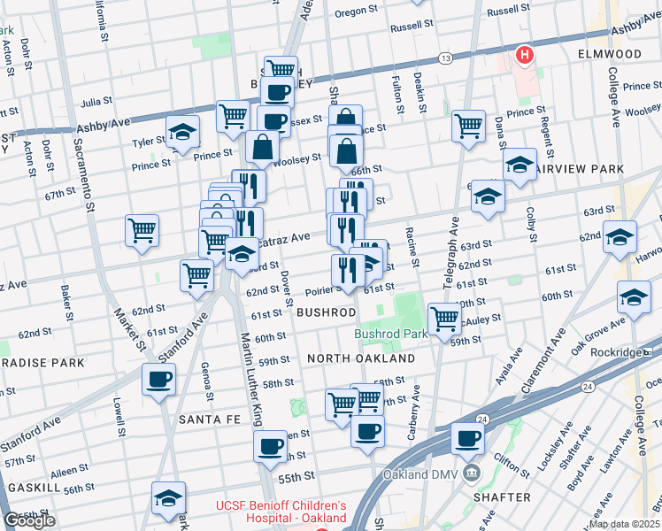 map of restaurants, bars, coffee shops, grocery stores, and more near 632 62nd Street in Oakland