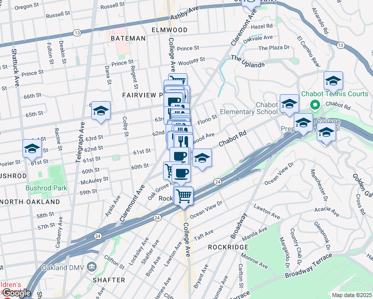 map of restaurants, bars, coffee shops, grocery stores, and more near 6015 Harwood Avenue in Oakland