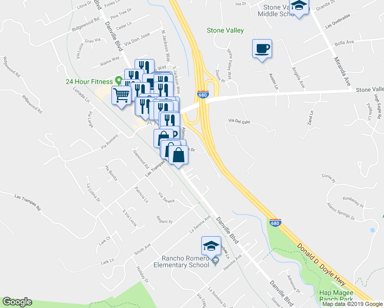 map of restaurants, bars, coffee shops, grocery stores, and more near 344 Alamo Square Drive in Alamo
