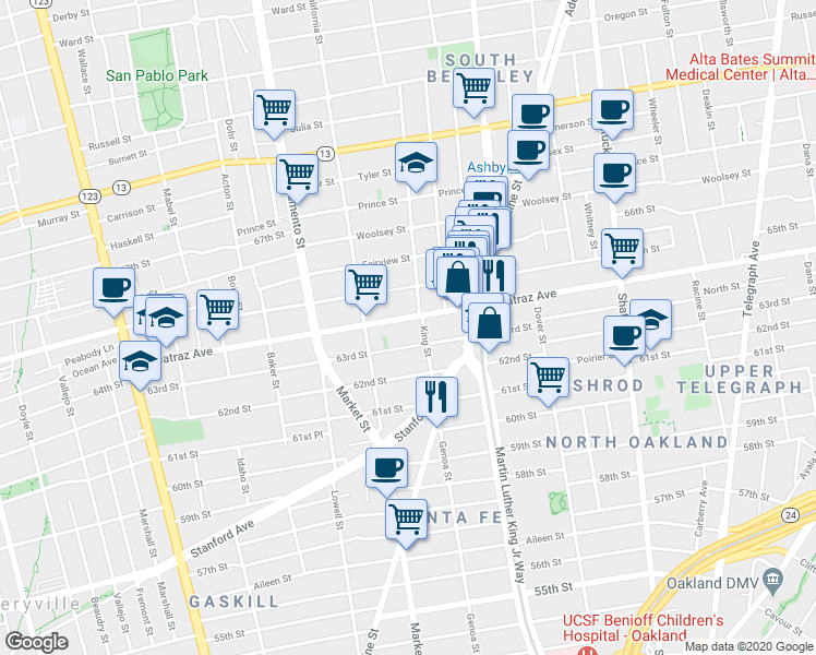 map of restaurants, bars, coffee shops, grocery stores, and more near 1636 Alcatraz Avenue in Berkeley