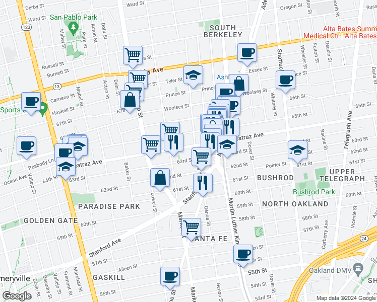 map of restaurants, bars, coffee shops, grocery stores, and more near 1636 Alcatraz Avenue in Berkeley