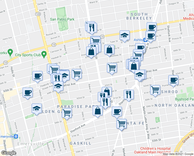map of restaurants, bars, coffee shops, grocery stores, and more near 1421 Alcatraz Avenue in Berkeley