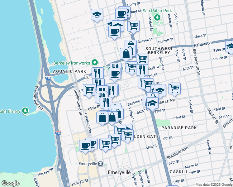 map of restaurants, bars, coffee shops, grocery stores, and more near 1200 65th Street in Emeryville