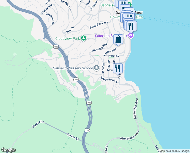 map of restaurants, bars, coffee shops, grocery stores, and more near 382 Sausalito Boulevard in Sausalito