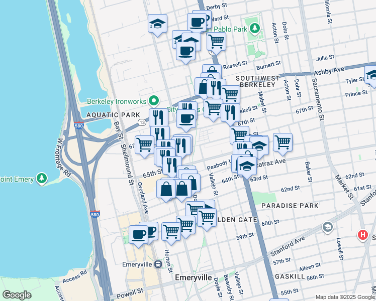 map of restaurants, bars, coffee shops, grocery stores, and more near 1200 65th Street in Emeryville