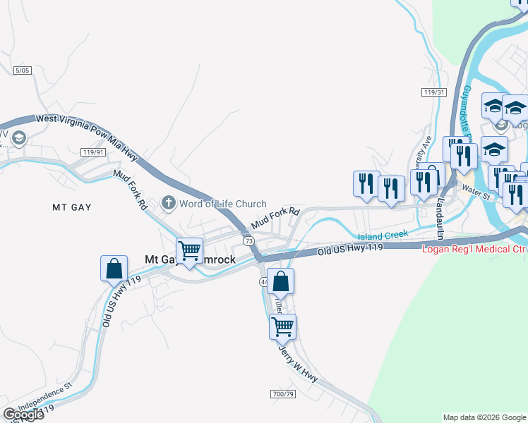 map of restaurants, bars, coffee shops, grocery stores, and more near 146 Mud Fork Road in Logan