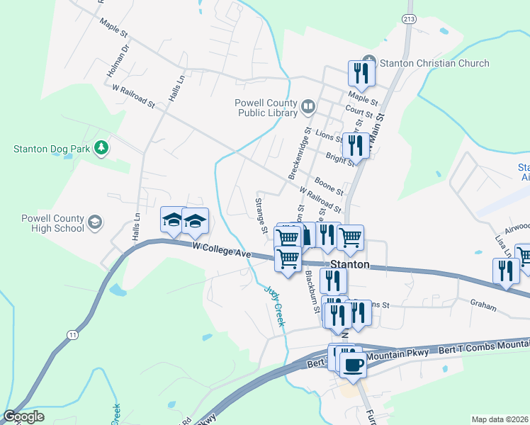 map of restaurants, bars, coffee shops, grocery stores, and more near 170 Strange Street in Stanton