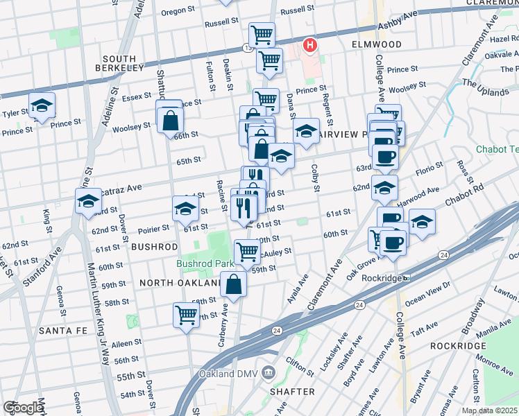 map of restaurants, bars, coffee shops, grocery stores, and more near 480 62nd Street in Oakland