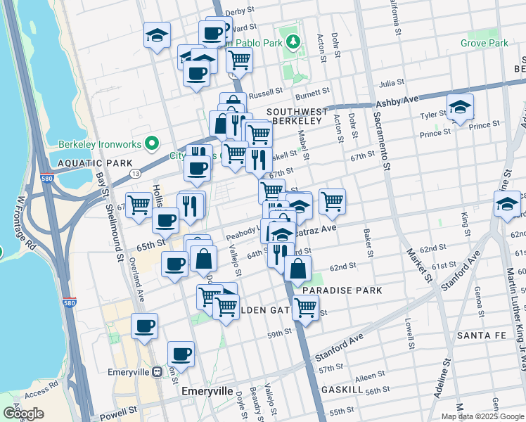 map of restaurants, bars, coffee shops, grocery stores, and more near 2 San Pablo Avenue in Oakland