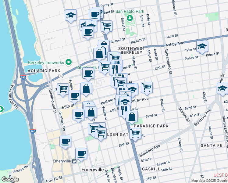 map of restaurants, bars, coffee shops, grocery stores, and more near 1122 65th Street in Oakland