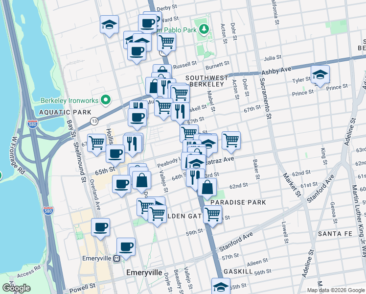 map of restaurants, bars, coffee shops, grocery stores, and more near 6501 San Pablo Avenue in Oakland
