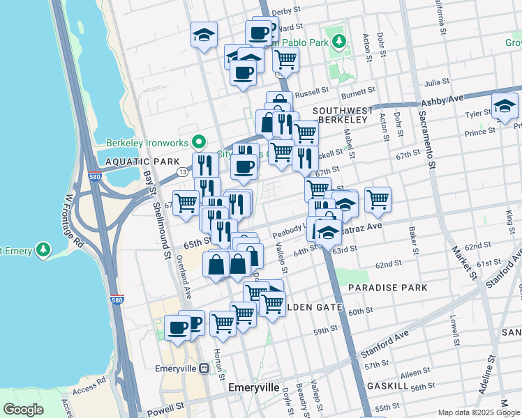 map of restaurants, bars, coffee shops, grocery stores, and more near 1200 65th Street in Emeryville