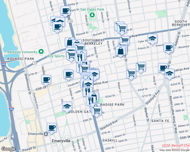 map of restaurants, bars, coffee shops, grocery stores, and more near 6438 Herzog Street in Oakland