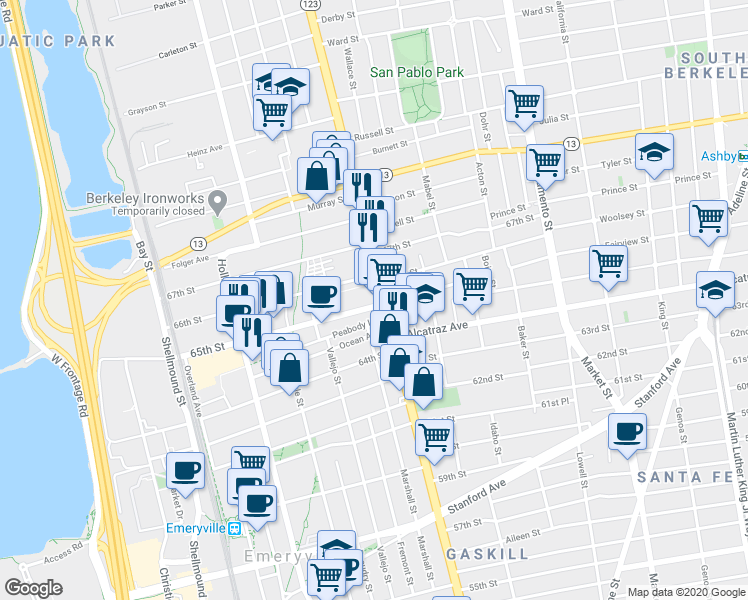 map of restaurants, bars, coffee shops, grocery stores, and more near 1122 65th Street in Oakland