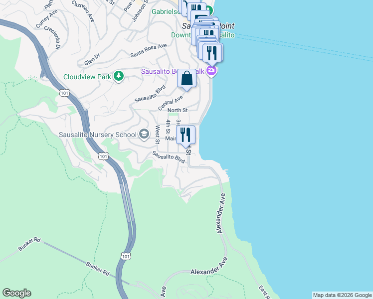 map of restaurants, bars, coffee shops, grocery stores, and more near 51 2nd Street in Sausalito