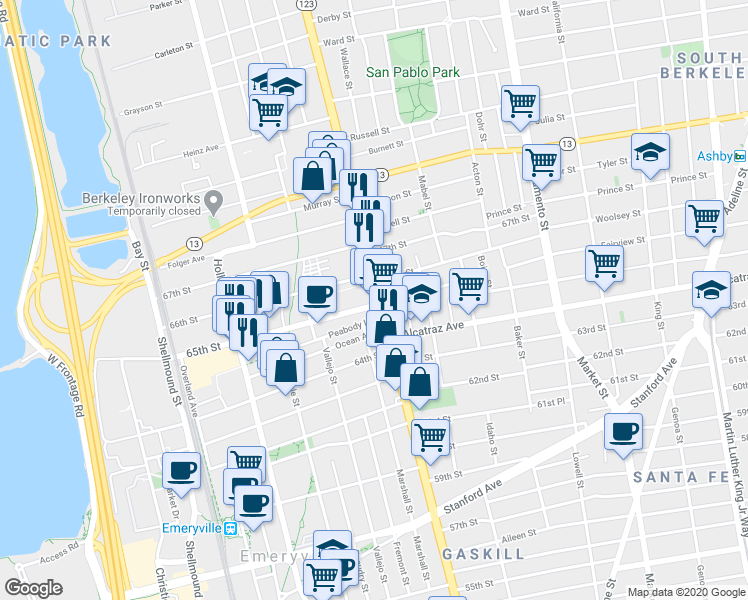 map of restaurants, bars, coffee shops, grocery stores, and more near 6501 San Pablo Avenue in Emeryville