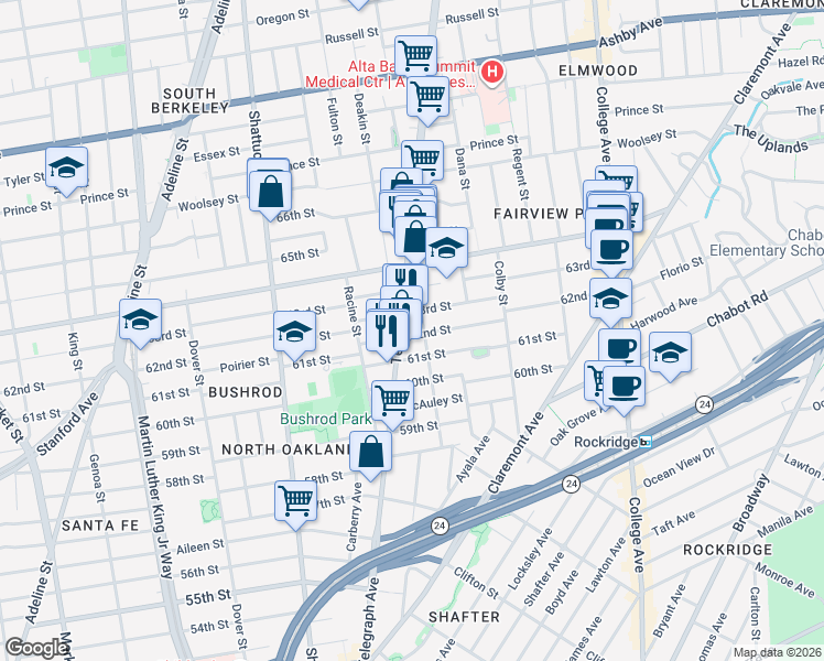 map of restaurants, bars, coffee shops, grocery stores, and more near 493 62nd Street in Oakland