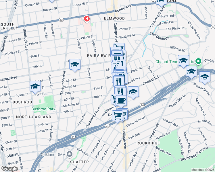 map of restaurants, bars, coffee shops, grocery stores, and more near 6104 Hillegass Avenue in Oakland