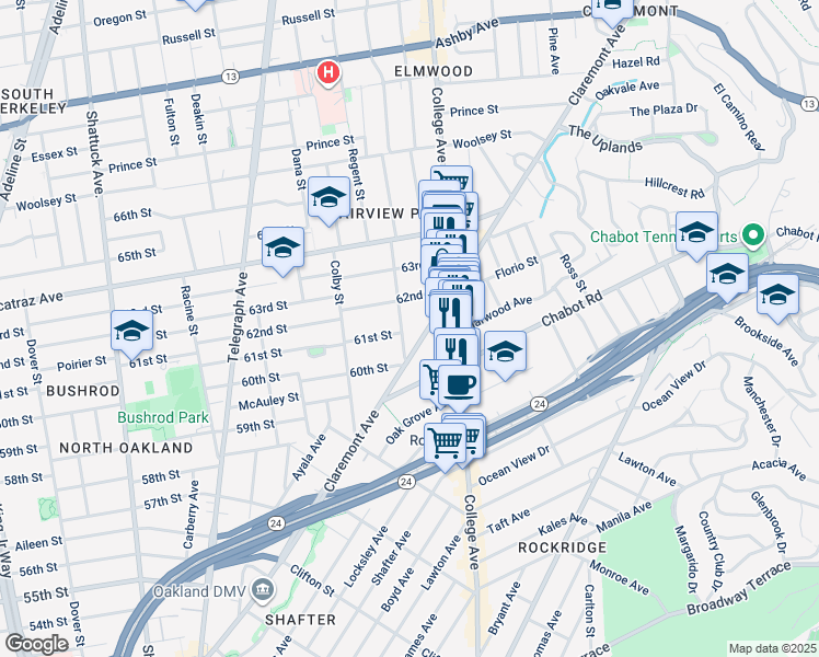 map of restaurants, bars, coffee shops, grocery stores, and more near 6104 Hillegass Avenue in Oakland