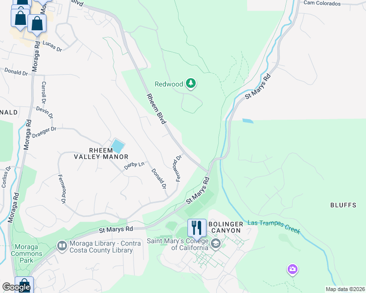 map of restaurants, bars, coffee shops, grocery stores, and more near 603 Rheem Boulevard in Moraga